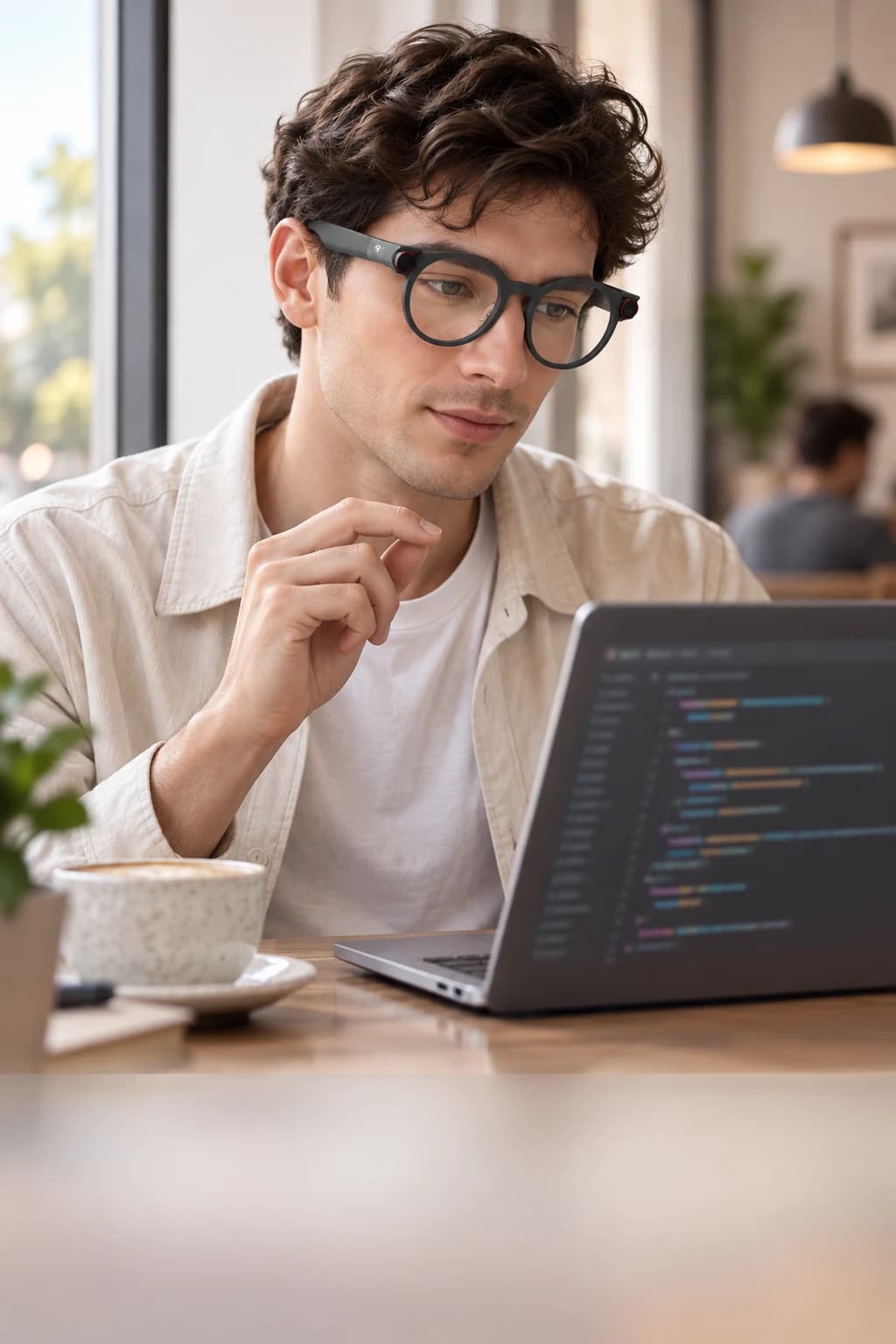 Concept of wearing Savage glasses and using a bare-hand gesture while coding in a café