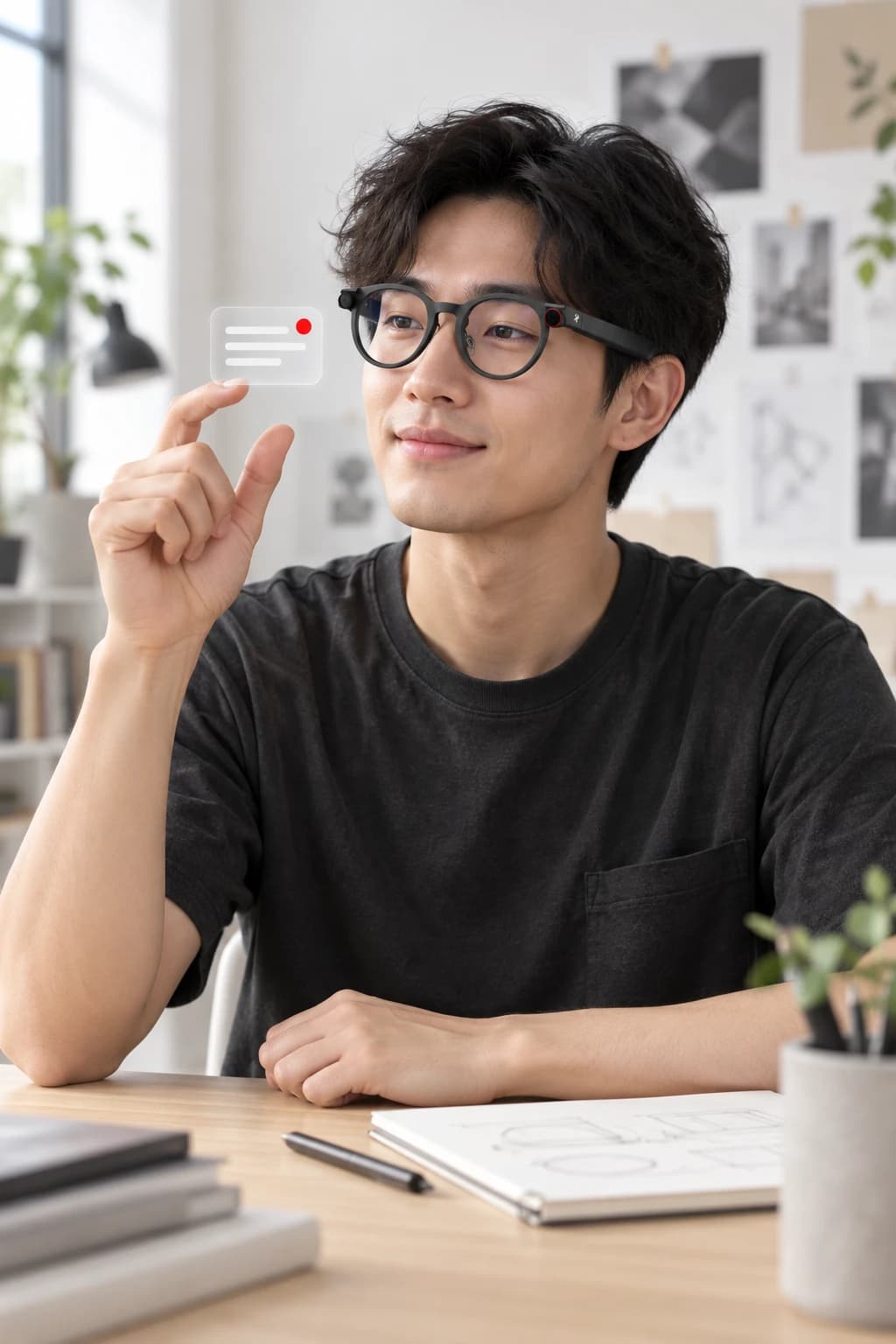 Concept of acknowledging a message with Savage glasses and a bare-hand pinch