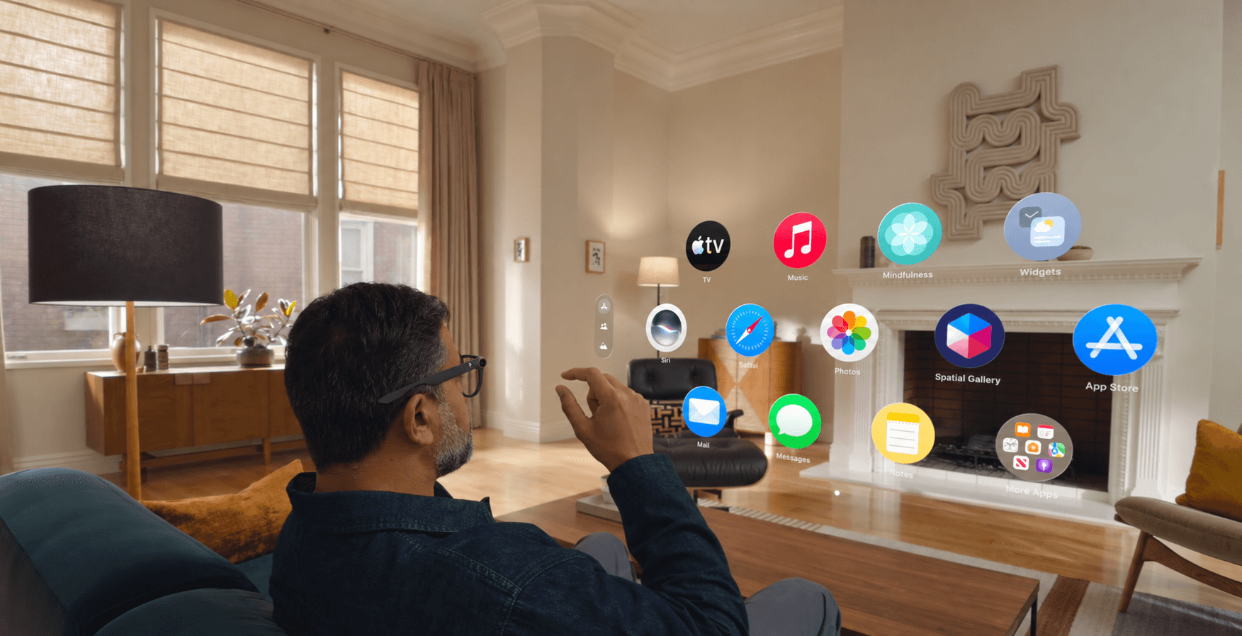 A person interacting with spatial apps using a hand gesture
